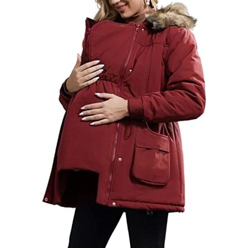 Maacie Womens Maternity 3 in 1 Thickened Outwear Fleece Lined Coat Winter Warm Hooded