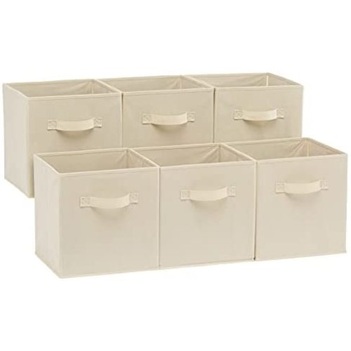 Amazon Basics Collapsible Fabric Storage Cubes Organizer with Handles, Beige - Pack of 6