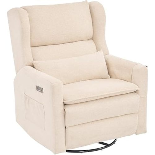 Oversized Swivel Rocker Recliner with Adjustable Headrest, 26" Extra Wide Rocking Chair Nursery with Double Cushion, Chenille Nursery Glider Recliner for Living Room,Cup Holder,Beige