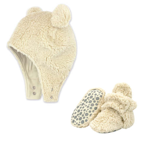 Furry Bootie and Furry Bear Hat Set - Oat –12M