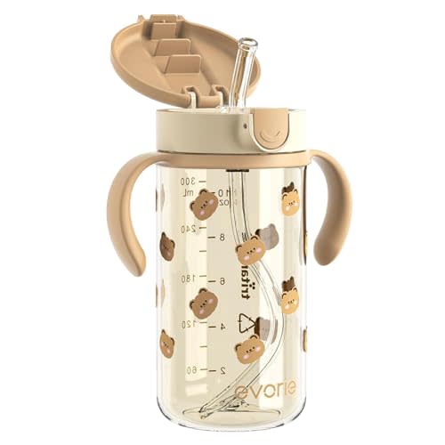 Evorie Tritan Spill Proof Toddler Straw Sippy Cup, 10 oz for Baby and Toddlers 1-3 Years Old, No Spill Straw Water Bottle with Removable Handles, Ideal for School, BPA-Free, Honey Bear