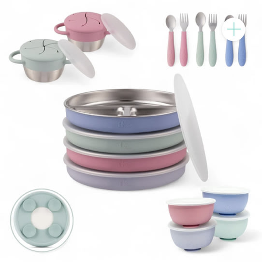 Stainless Steel Mealtime Bundle | Sucton Sleeves | Plates, Bowls, Snack Cups + Toddler Utensils | 16 Pcs | Blush/Lilac/Sage/MistyBlue