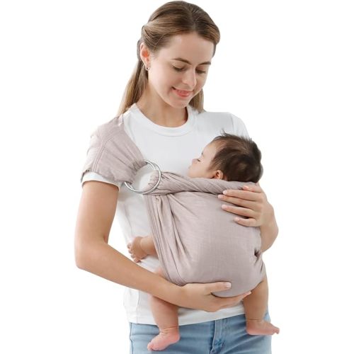 Double Ring Sling Baby Carrier for Newborn to Toddler,Adjustable Muslin Infant Wearing Wraps Carrier, Sling Holder Carrier Scarf, Ideal Baby Gift for New Parents (Light Grey)