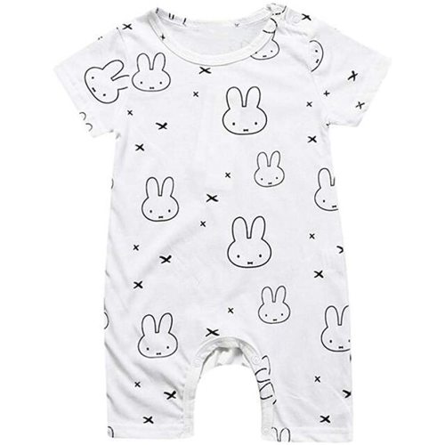 AYIYO Baby Infant Short Sleeves Happy Printed Bodysuit Rompers Shortalls Outfit - White