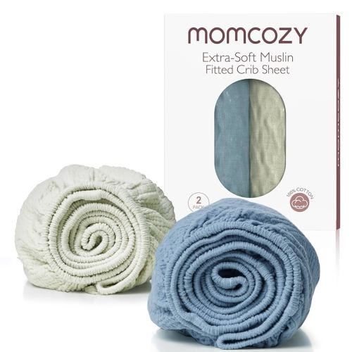 Momcozy Muslin Standard Fitted Crib Sheets, 52"x28", 2 Pack Soft Breathable Natural Cotton Baby Mattress Sheet, 360° Mattress Wrapping No Slip Boys Girls Neutral Toddler Bed Sheet, Sky Realm Blue Grey