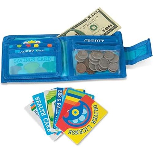 Melissa & Doug Pretend-to-Spend Toy Wallet With Play Money and Cards (45 pcs), Blue - FSC Certified
