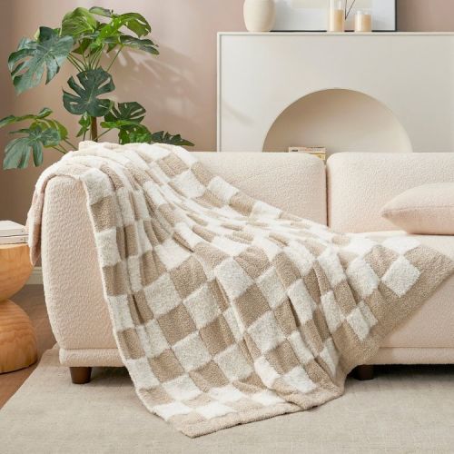 Snuggle Sac Faux Fur Checkered Throw Blanket, Fluffy Feather Yarn Blend Bedding Blankets for Couch or Bed, 50*60", Beige White