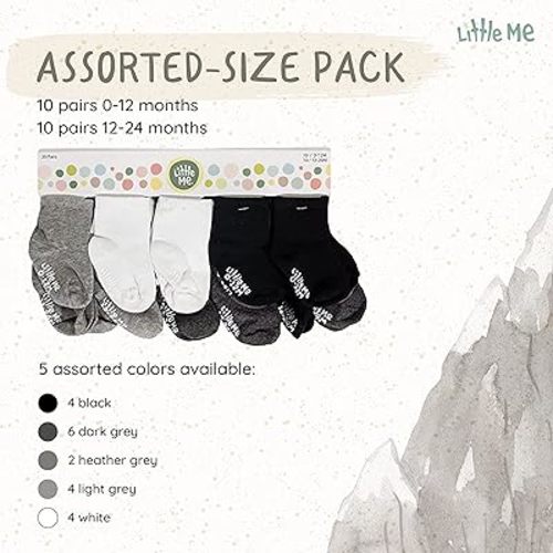 Little Me 20-Pack Newborn Baby Infant & Toddler Unisex Socks, For Baby Girl or Boy, 0-12 & 12-24 Months, Assorted Size Pack - White, Heather Grey, Dark Grey, Black