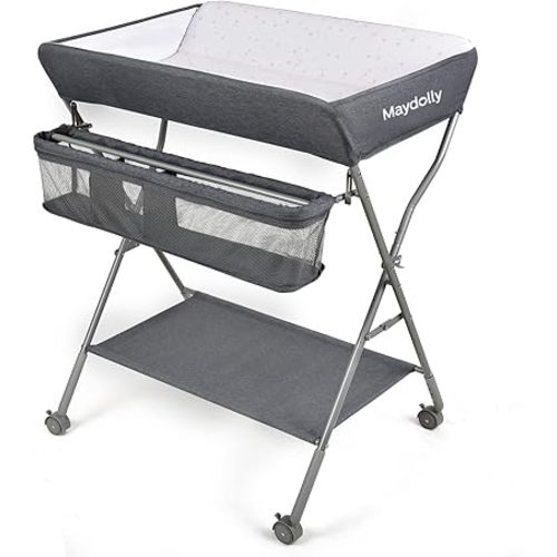 Maydolly Baby Changing Table with Wheels,Portable Adjustable Height Folding Diaper Station with Nursery Organizer & Storage Rack for Newborn Baby and Infant
