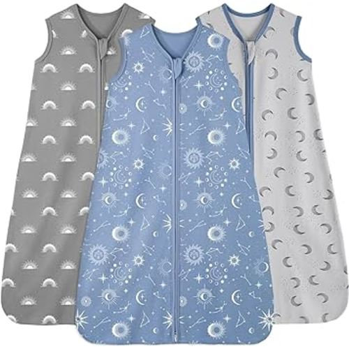 Baby Sleep Sack 6-12 Months, 100% Cotton Sleeping Sack for Newborn and Infant, 3 Pack Baby Wearable Blanket, 0.5 Tog Lightweight Double Zipper Sleep Bag Blue