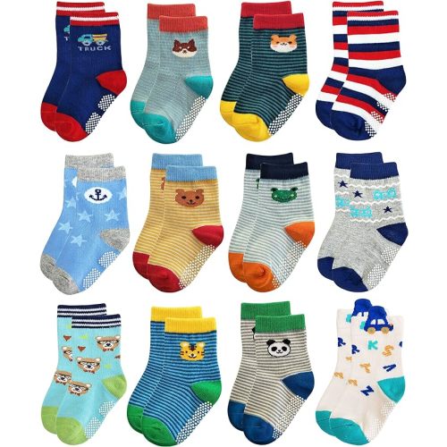 RATIVE Non Skid Anti Slip Crew Socks With Grips for Baby Infant Toddlers Kids Boys