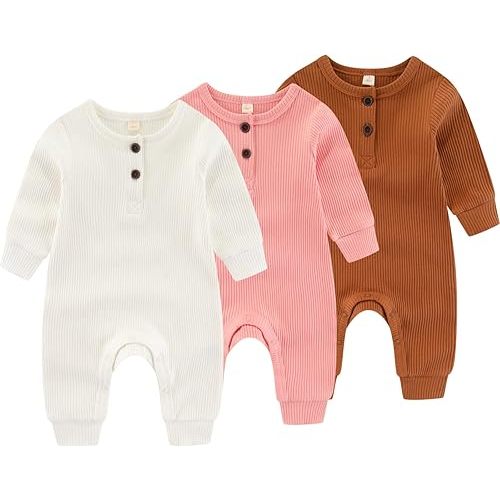 Newborn Baby Boys Girls One Piece Romper With Mitten Cuffs 3 Pack Long Sleeve Ribbed Button Jumpsuit Outfit Clothes