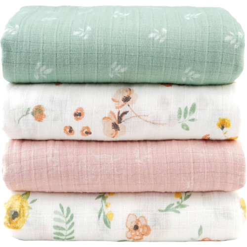 Viviland Lot de 4 couvertures d'emmaillotage en mousseline de coton pour garçons et filles, couverture d'emmaillotage en mousseline douce, soyeuse et respirante, 119,4 x 119,4 cm