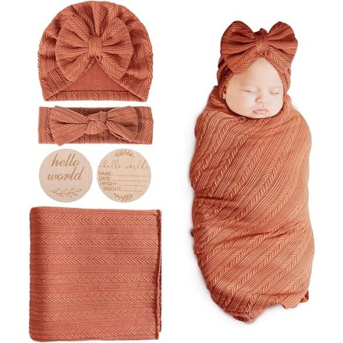 BQUBO Baby Swaddle Blankets for Girls, 4PCS Newborn Accessories Set with Matching Hat and Bow Headband with Hello World Wooden Birth Announcement Card