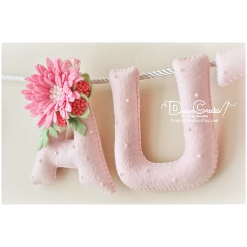 Baby name sign, felt name banner, Pink Pastel flowers, nursery decor, baby felt name, baby name garland, baby shower gift, baby room decor
