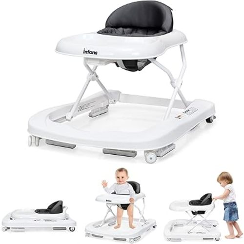 INFANS Foldable Baby Walker, 3 in 1 Toddler Walker Learning-Seated Walk-Behind for Boys and Girls, Adjustable Speed Rear Wheels, Safety Bumper, Detachable Seat Cover, Anti-Rollover (Grey)