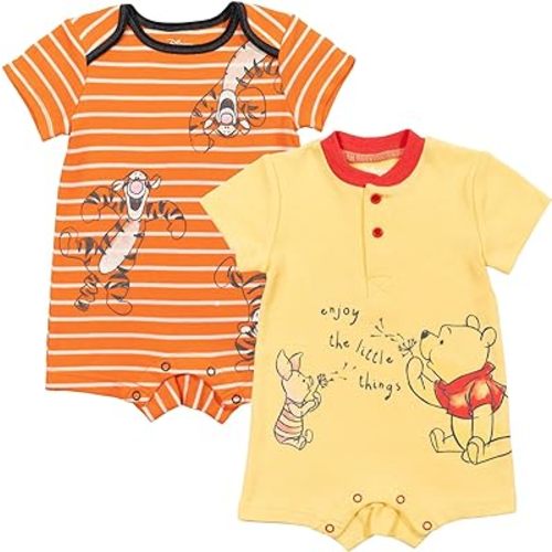 Disney Winnie the Pooh Mickey Mouse Tigger Baby 2 Pack Henley Rompers Newborn to Toddler