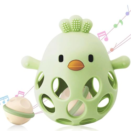 2-in-1 Baby Teething Toy, Easy Grasp Oball Rattle & Teether Toy for Babies 0-12 Months, 100% Food Grade Silicone, 3-6 6-12 Month Baby Teething Relief Toy, BPA Free (Olive)