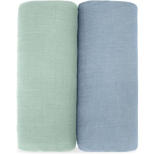 Comfy Cubs Muslin Swaddle Blankets Pack of 2 - 47 x 47 Inch Soft Cotton Baby Blanket Set, Large Multipurpose Wraps for Newborns - Self-Soothing Swaddles for Newborns - Pacific Blue & Fern