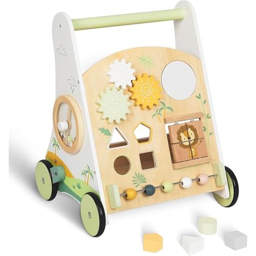 Wooden Baby Push Walker Adjustable Speed Montessori Walker with Activity Center for Boys, Girls and Toddler Toy for Ages 1-3