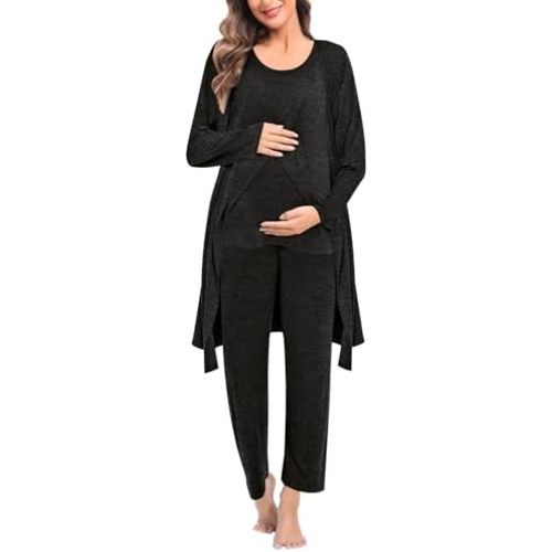 SWOMOG Maternity Nursing Robe Set 3 PCS Postpartum Breastfeeding Pajamas Hospital Pregnancy Pjs Double Layer Lounge Set