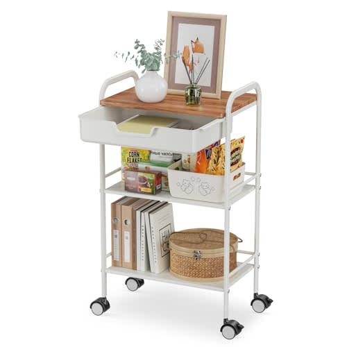 3 Tier Rolling Cart with Drawer, Metal Rolling Storage Cart with Table Top, Modern Utility Cart on Wheels Kitchen Cart Storage Organizer for Bathroom Office Living Room, White