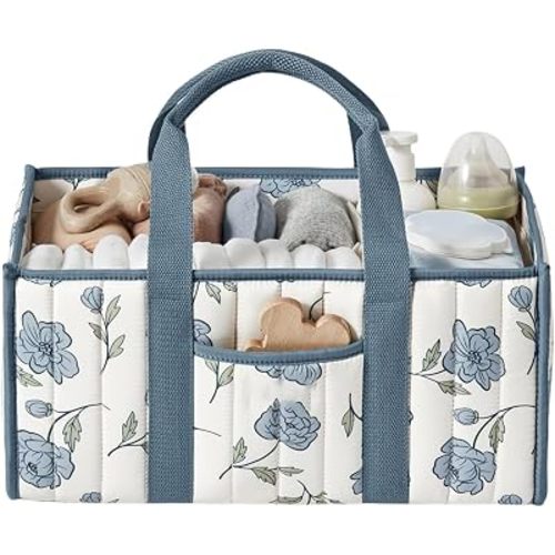Quilted Fabric Storage Basket Floral Baby Diaper Caddy Quilted Basket for Nursery Bedroom Car Storage (L- Blue 02)