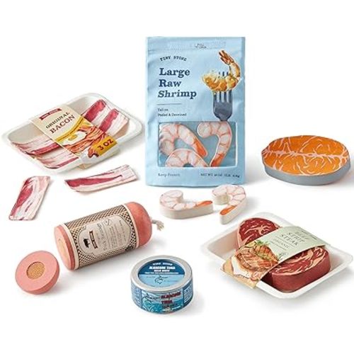 Tiny Land Organic Play Food Set - 6PCS Wooden Seafood & Meat Toy Set for Kids, Pretend Grocery for Kitchen Play, Montessori Toy Gift