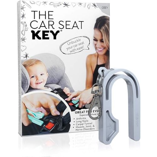 The Car Seat Key - Original Car Seat Key Chain Buckle Release Tool - Easy Unbuckle Opener Aid for Nails, Parents, Grandparents & Older Children by NAMRA Made in USA (Grey)
