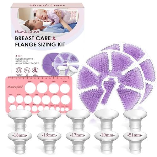 Flange Sizing Kit with Flange Inserts 13/15/17/19/21mm 10PCS, Breast Pump Flange Insert for 24mm Flange/Shield of Most Electric Breast Pumps, Pumping Breastfeeding Essential Kit for New Mom