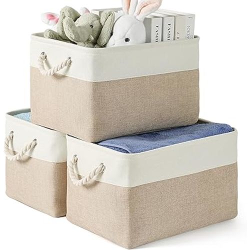 Storage Bins 3 Pack, Fabric Storage Basket for Collapsible Medium Canvas Storage Baskets for Organizing Shelf Nursery Home Closet with Cotton Rope Handle 15(L) x 11(W) x 9.5(H) inch(White&Khaki-3PCS)