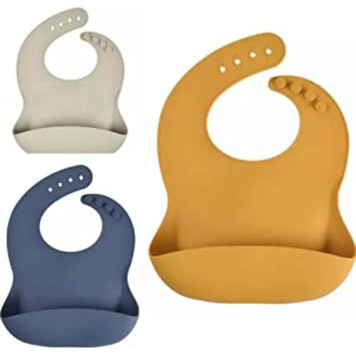 Set of 3 Silicone Baby & Toddlers Bibs, BPA Free Silicone, Food Bibs, Waterproof, Unisex. Adjustable.
