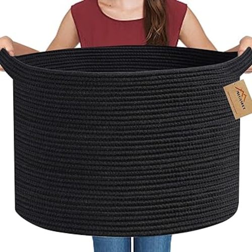 Large Black Blanket Basket, 22" X 22" X 14" Woven Rope Baskets for Storage, Kids Dog Toy Storage Box Organizer Bins, Blanket Storage for Living Room, Black Wicker Baskets for Organizing