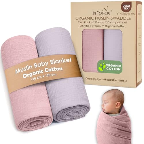 Organic Cotton Muslin Baby Blanket - 47x47 Inch Breathable Swaddle, Hypoallergenic Double-Layer, Versatile Use (Light Pink/Light Purple, 47x47 Inch)