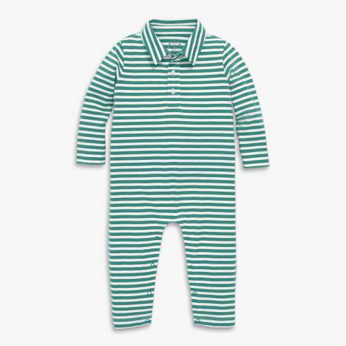 Baby long sleeve polo romper in mini stripe - Sunwashed teal / ivory stripe / 0-3