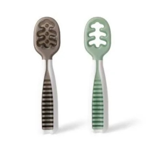 NumNum Baby Spoons Set, Pre-Spoon GOOtensils for Kids Aged 6+ Months - First Stage, Baby Led Weaning (BLW) Teething Spoon - Self Feeding, Silicone Toddler Food Utensils - 2 Spoons, Gray/Green - Storm Gray/Glacier Green