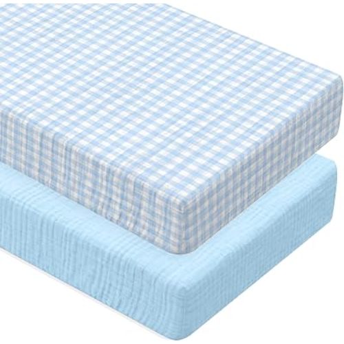 Breling Muslin Blue and Blue Gingham Crib Sheets for Boy Girl Soft and Breathable 100% Cotton Plaid Baby Bed Crib Sheets Checkered Fitted Mattress Cover for 52''x 28'' Standard Mattress Size