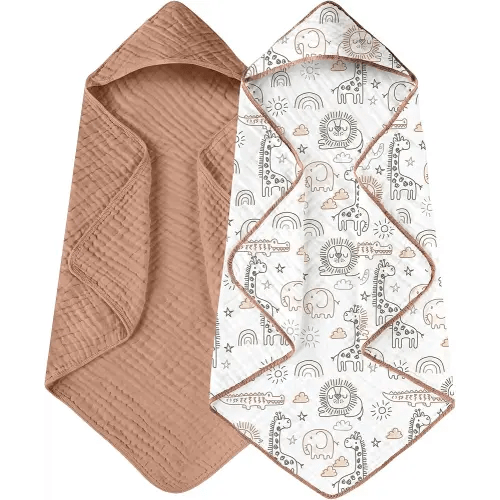 Yoofoss Hooded Baby Towels for Newborn 2 Pack 100% Muslin Organic Cotton Baby Bath Towel with Hood for Babies, Infant, Toddler and Kids, 32x32Inch, Soft and Absorbent Newborn Essential, Giraffe