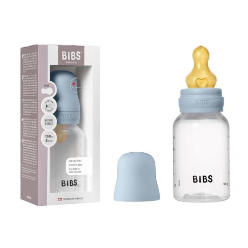 BIBS Baby Bottle 5 oz / 150 ml Natural Rubber Latex Nipple - Anti-Colic, BPA-Free, Round Nipple, Slow Flow, Lightweight & Easy to Clean, Suitable for Newborns 0+ Years - Baby Blue