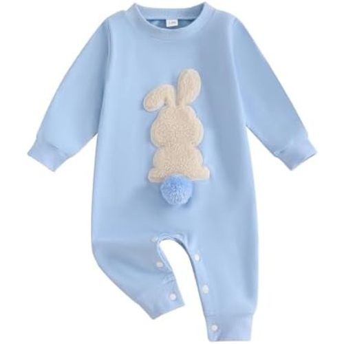 Easter Baby Boy Girl Outfit Embroidery Bunny Rompers Bunny Tail Jumpsuit Unisex Newborn Infant Easter Clothes