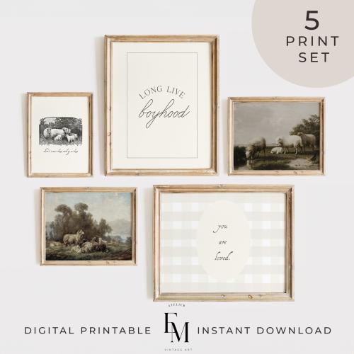 Set of 5 Antique Sheep Print Country Nursery Decor Vintage Wall Art Gender Neutral Boy Room Wall Art Set Sheep Painting Antique Oil Painting