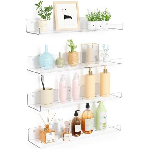 upsimples 4 Pack Acrylic Shelves for Wall Storage, 15" Floating Bookshelves for Kids, Display Shelf Organizer for Bathroom, Bedroom, Living Room, Kitchen, Room Decor, Clear