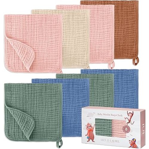Muslin Burp Cloths, 20"x10"- Pack of 8, 6 Layers Super Soft Absorbent & Breathable 100% Cotton for Baby Drool and Messes, Burp Cloth Baby Boy and Burp Cloths Baby Girl