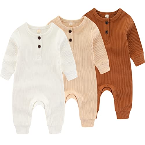 IADOER Newborn Baby Boys Girls One Piece Romper With Mitten Cuffs 3 Pack Long Sleeve Ribbed Button Jumpsuit Outfit Clothes