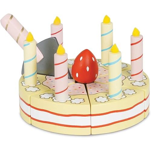Le Toy Van - Honeybake Childrens Wooden Vanilla Birthday Cake Play Food Pretend Toy | Perfect For Pretend Role Play | Birthday Cake Play Kitchen Role Play Toy (TV273)