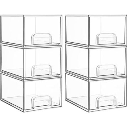 Vtopmart 6 Pack Clear Stackable Storage Drawers, 4.4'' Tall Acrylic Bathroom Makeup Organizer,Plastic Storage Bins For Vanity, Undersink, Kitchen Cabinets, Pantry, Home Organization and Storage