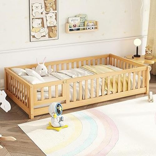 Twin Size Montessori Floor Bed with Slats, Door and Guardrails, Natural