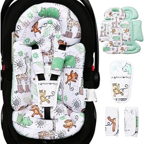 Infant Car Seat Insert, Enlarged Head Support For Baby Carseat, Reversible Newborn Insert With 3 Strap Covers, 2-in-1 Baby Car Seat Cushion for Stroller, Swing, Bouncer, Rocker - Blue Giraffe