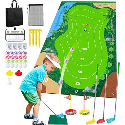 Liberry Kids Golf Set for 3 4 5 6 7 Years Old Boys Girls, Golf Chipping Game with Golf Mat, Sticky Balls, Storage Bag, Retractable Golf Clubs Indoor Outdoor Sports Toy Gift Toss Game