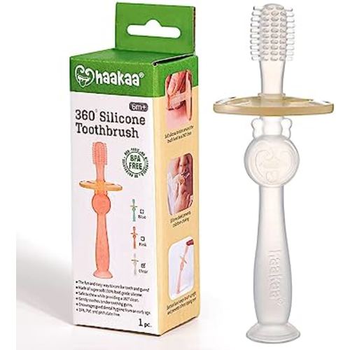 haakaa 360° Silicone Baby Toothbrush Teether with Suction Base Infant Toothbrush Training Massage Teether for Baby,1pc (Translucent)